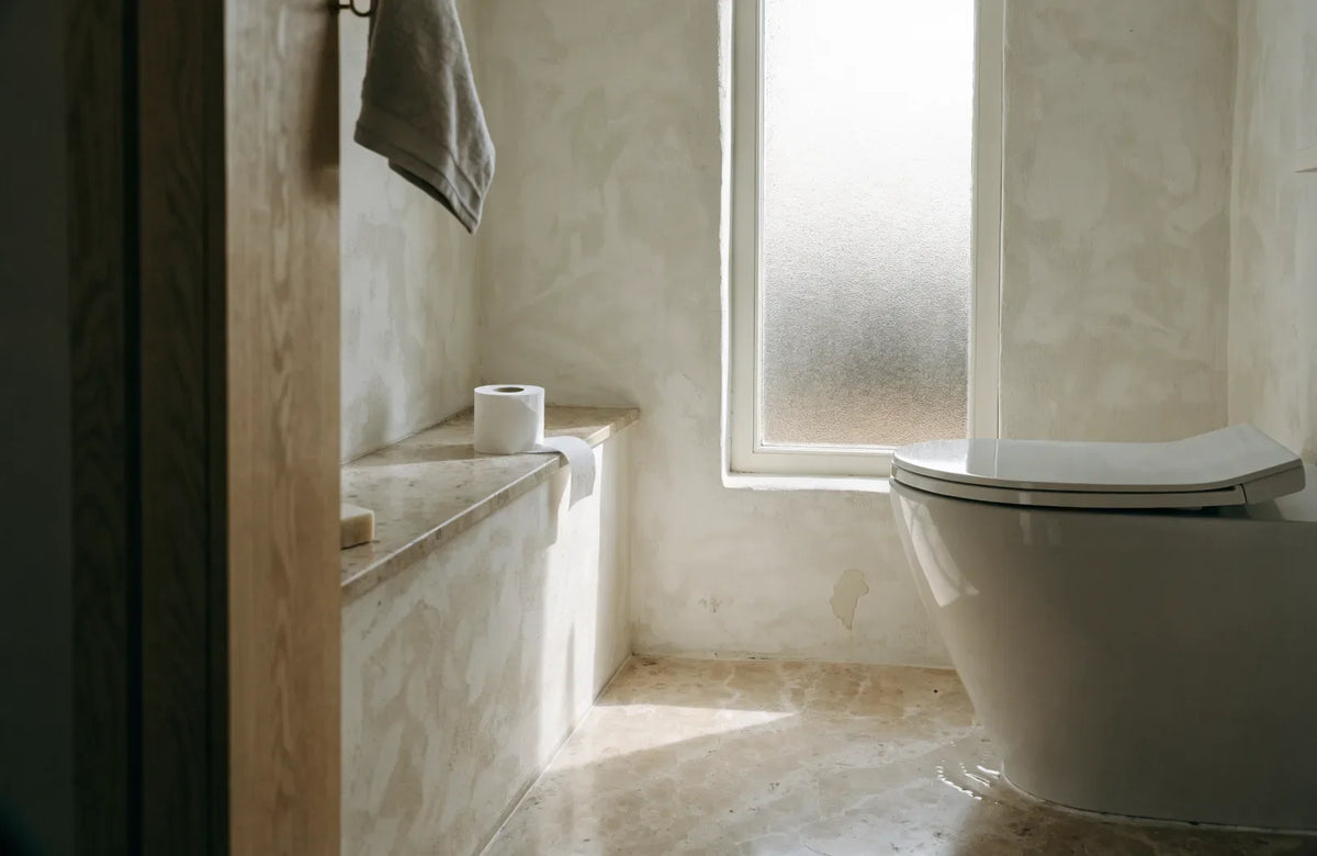 A single roll of toilet paper on a stone ledge next to a plain white wall-hung toilet, the setup a bidet is meant to replace