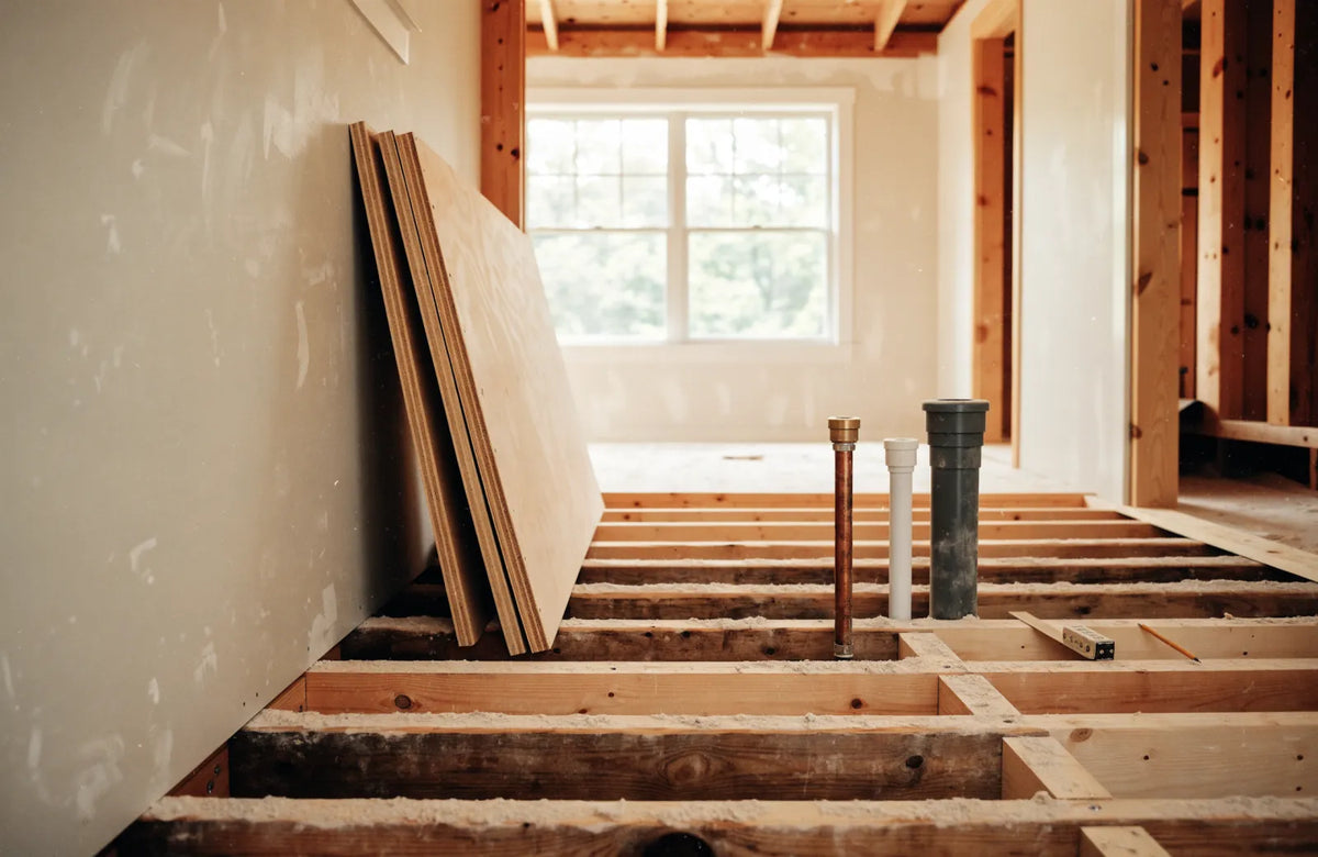 Upstairs bathroom under renovation with the subfloor off, wood floor joists exposed and capped supply and drain pipes rising between them