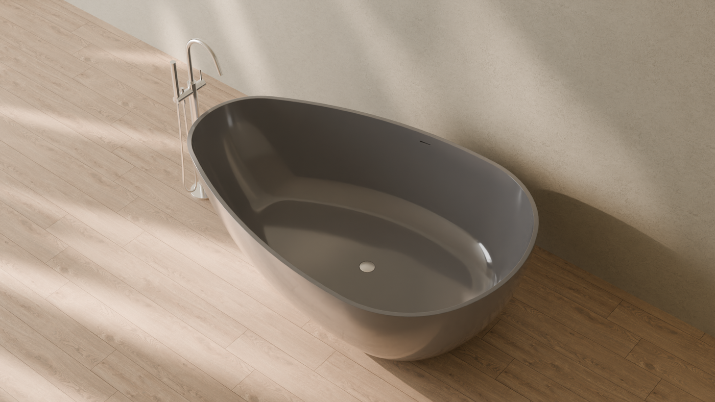 Badeloft render 2026 | BW-01-XXL | Grey | Bathtub_Glossy_Grey__Camera_Angle_2.png โ in the bathroom