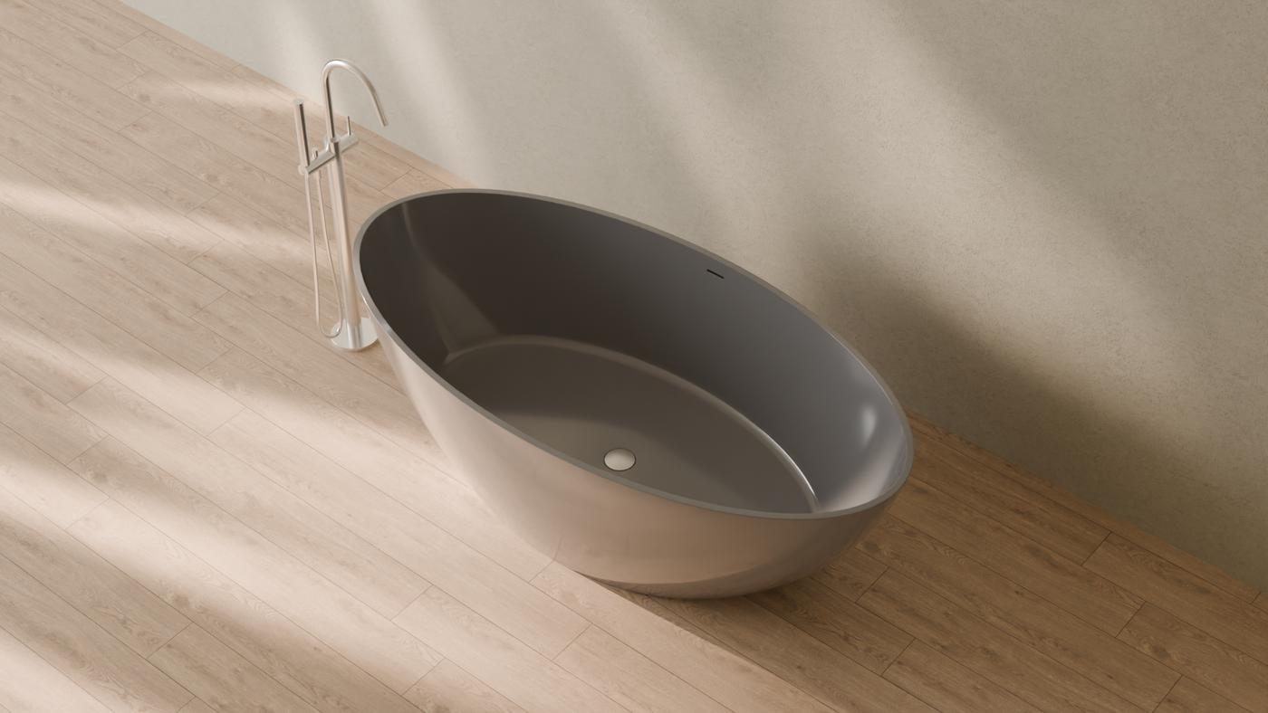 Badeloft render 2026 | BW-05-XL | Grey | Bathtub_Glossy_Grey__Camera_Angle_2.png โ in the bathroom