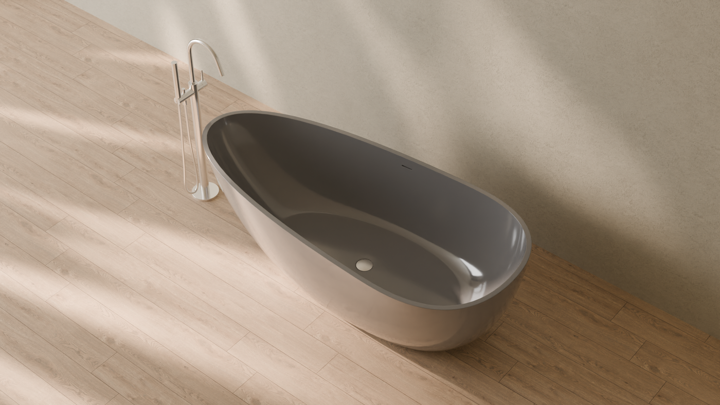 Badeloft render 2026 | BW-01-XL | Grey | Bathtub_Glossy_Grey__Camera_Angle_2.png โ in the bathroom