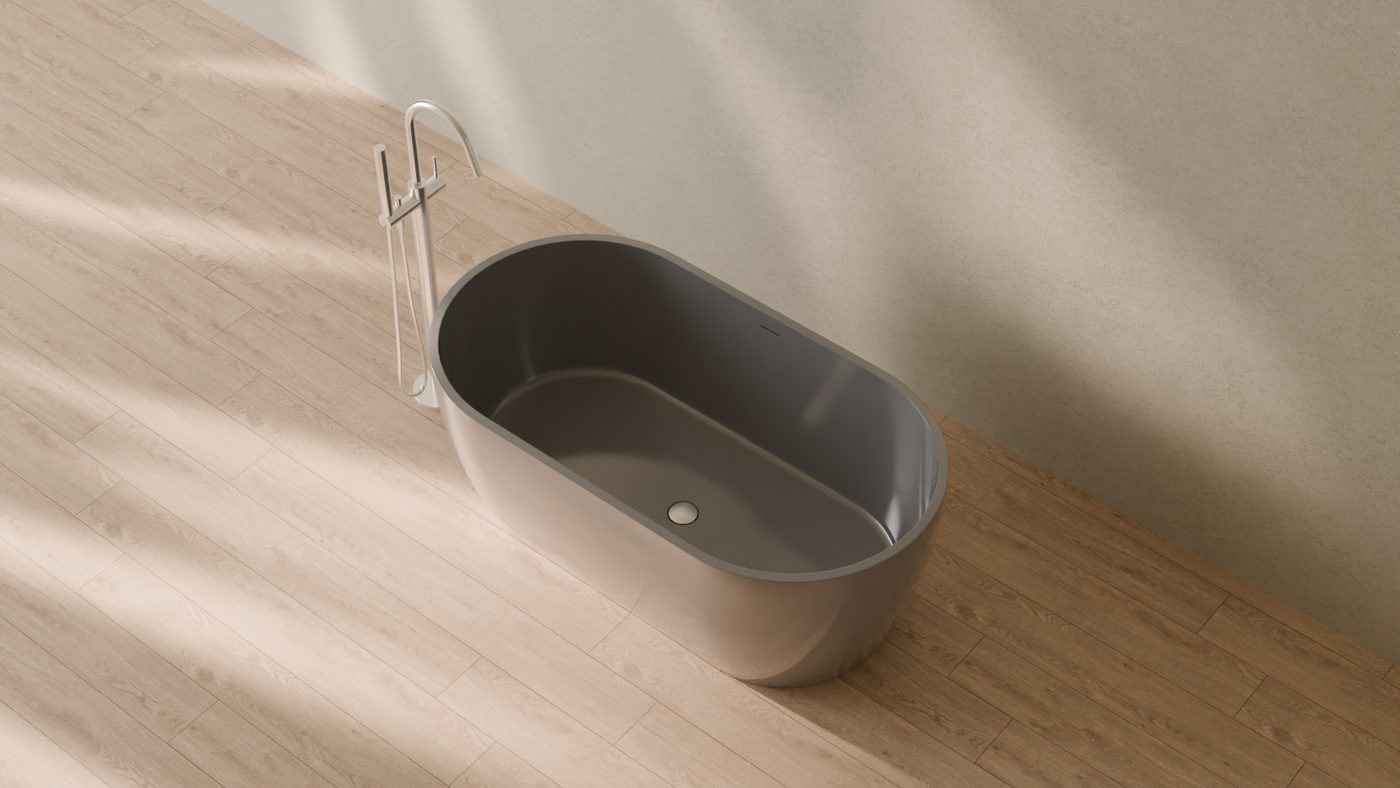 Badeloft render 2026 | BW-02-S | Grey | Bathtub_Glossy_Grey__Camera_Angle_2.png โ in the bathroom