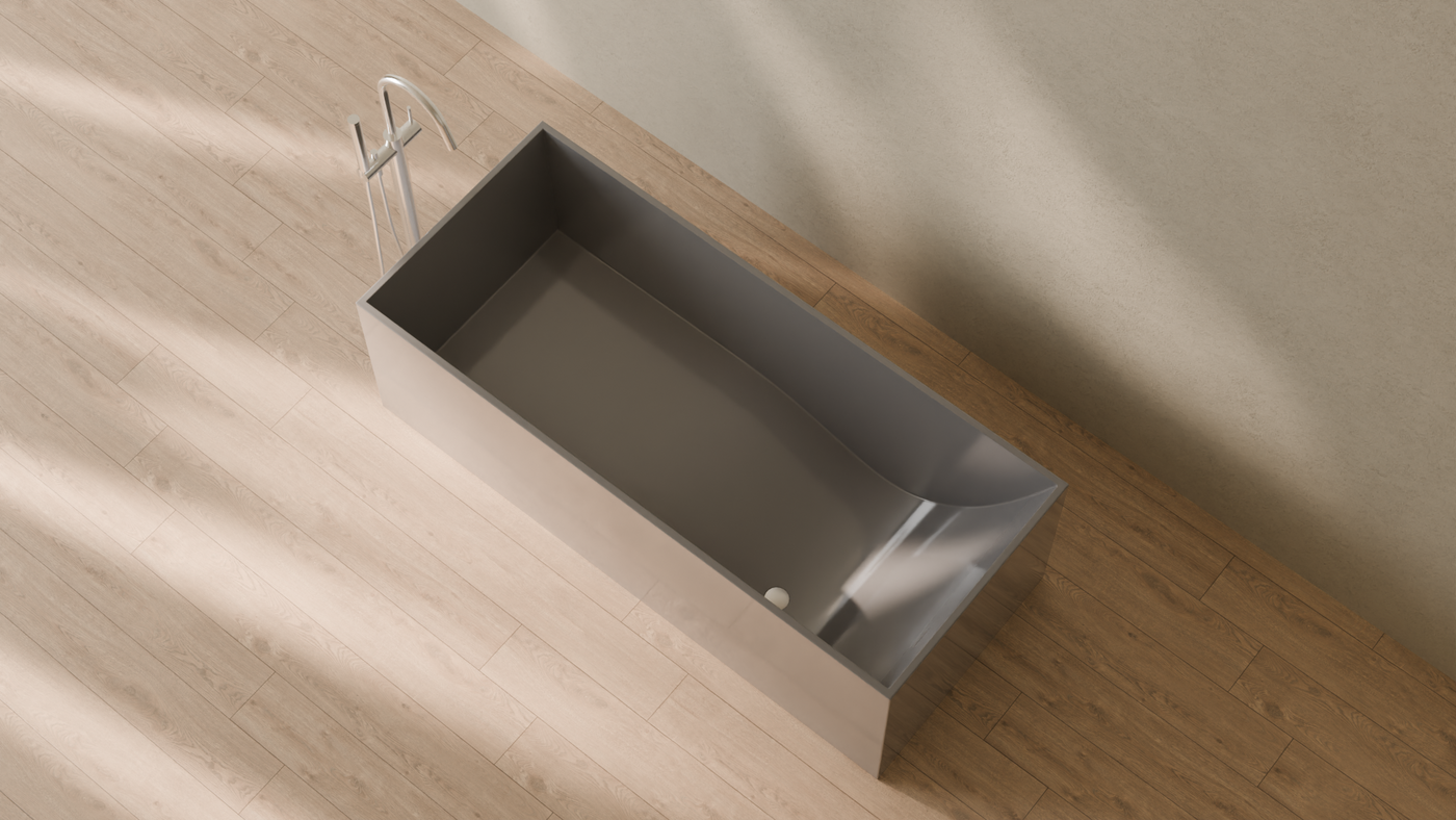 Badeloft render 2026 | BW-06-XL | Grey | Bathtub_Glossy_Grey__Camera_Angle_2.png โ in the bathroom