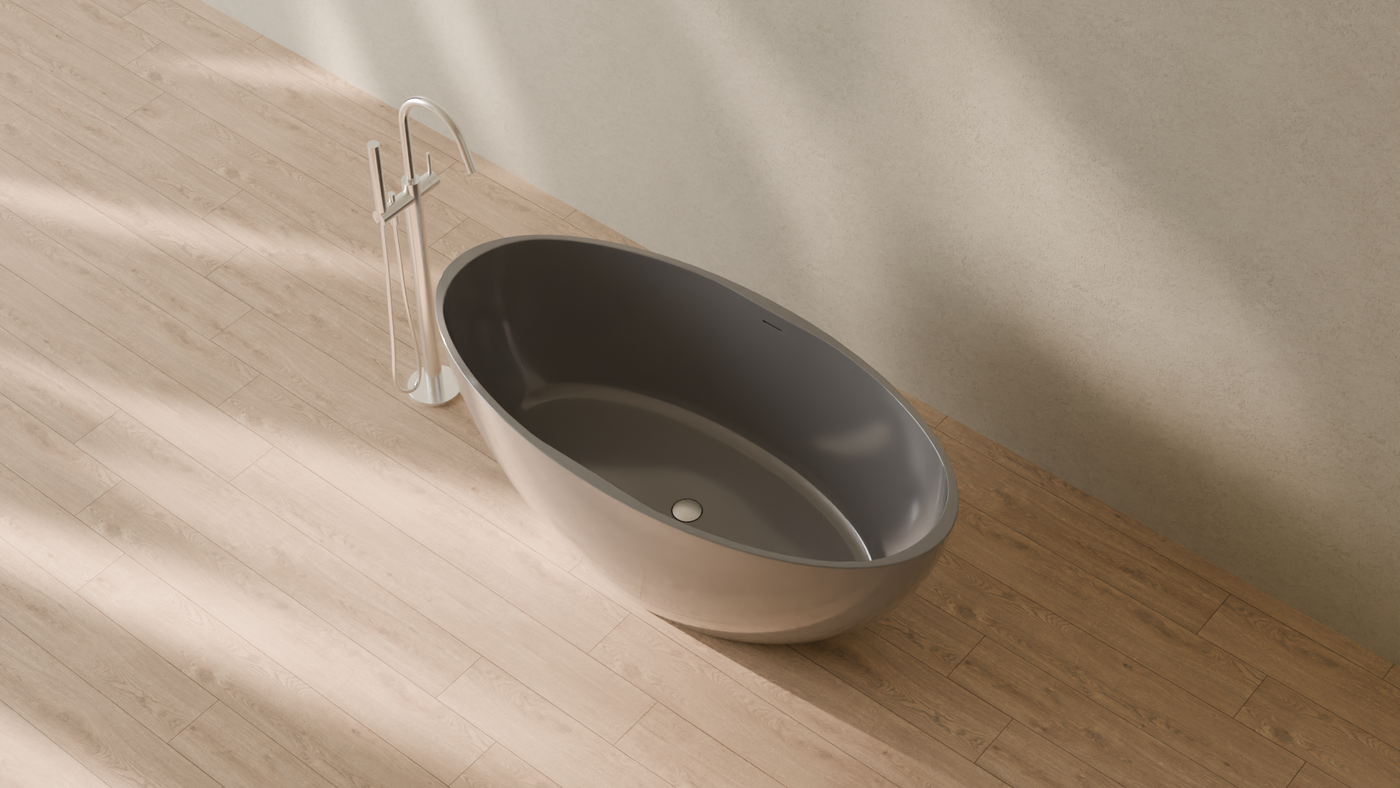 Badeloft render 2026 | BW-04-L | Grey | Bathtub_Glossy_Grey__Camera_Angle_2.png โ in the bathroom