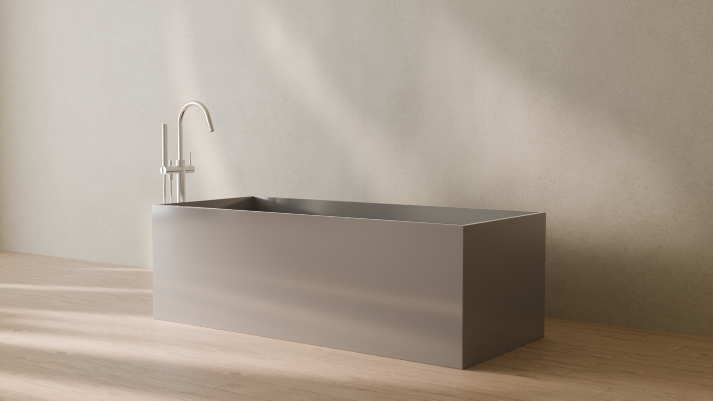 Badeloft render 2026 | BW-06-XL | Grey | Bathtub_Glossy_Grey__Camera_Angle_3.png โ in the bathroom