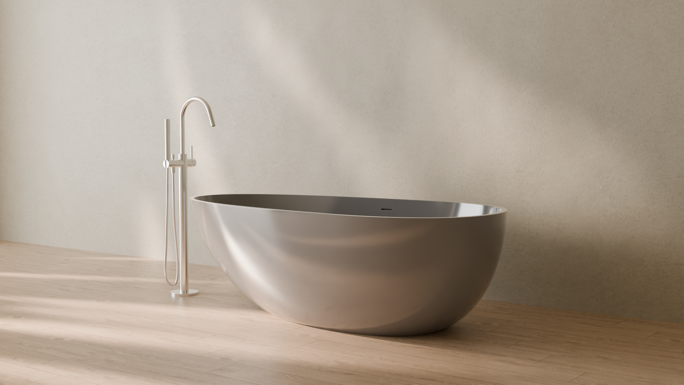 Badeloft render 2026 | BW-01-L | Grey | Bathtub_Glossy_Grey__Camera_Angle_3.png โ in the bathroom