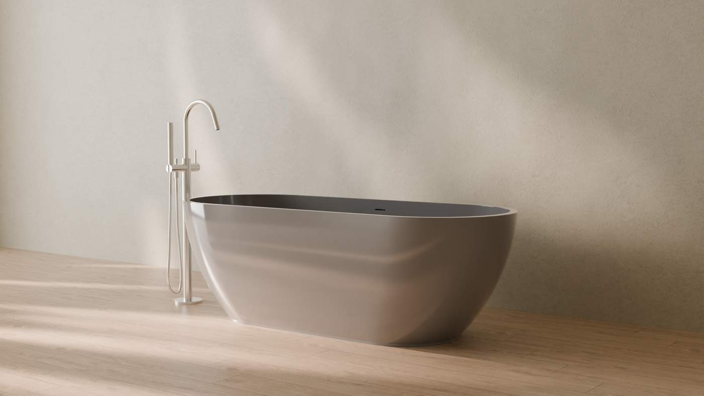Badeloft render 2026 | BW-02-L | Grey | Bathtub_Glossy_Grey__Camera_Angle_3.png โ in the bathroom