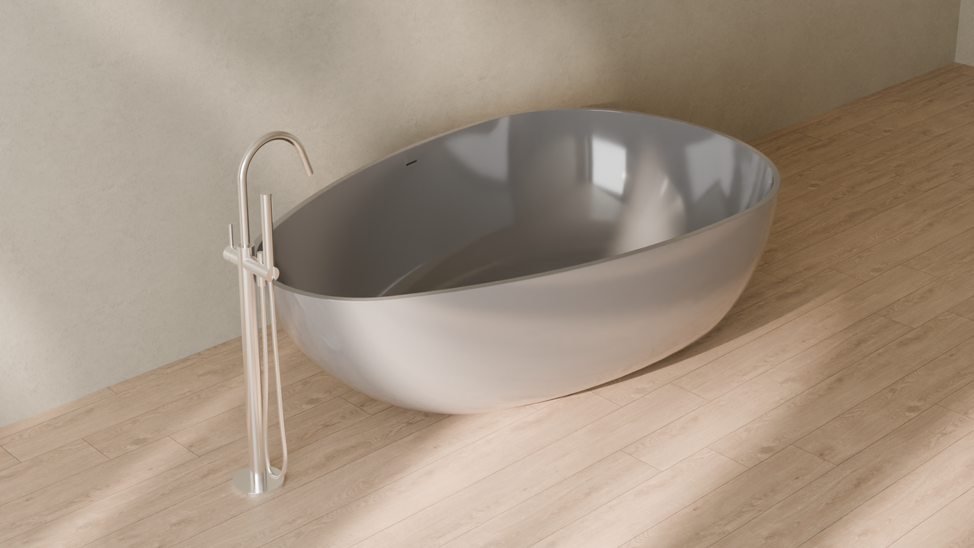 Badeloft render 2026 | BW-01-XXL | Grey | Bathtub_Glossy_Grey__Camera_Angle_4.png โ in the bathroom