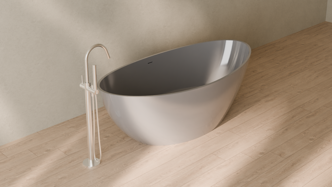 Badeloft render 2026 | BW-03-XL | Grey | Bathtub_Glossy_Grey__Camera_Angle_4.png โ in the bathroom