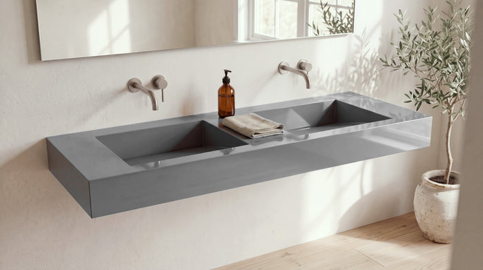 60" Double Ramp Sink, Wall Mounted in glossy grey stone resin, wall mounted in a bright bathroom