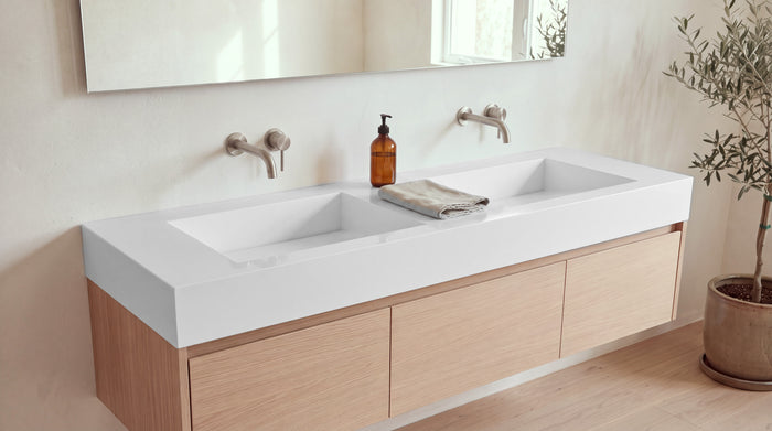 72" Double Ramp Sink, Vanity Top in glossy white stone resin on a bathroom vanity