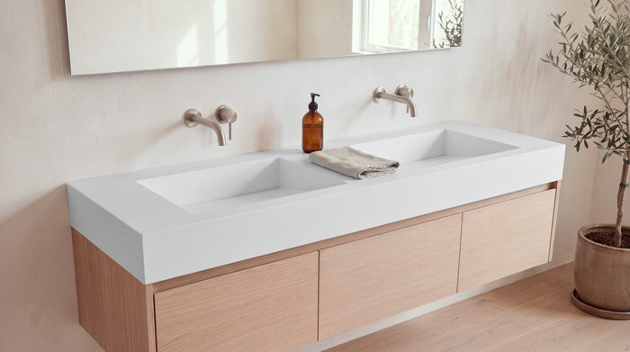 72" Double Ramp Sink, Vanity Top in matte white stone resin on a bathroom vanity
