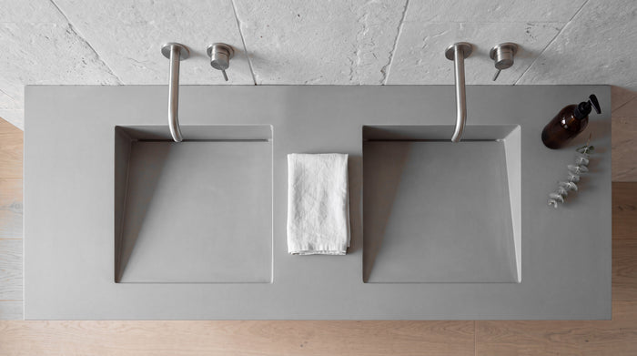72" Double Ramp Sink, Wall Mounted, top-down view of the basins and the slot drain along the back