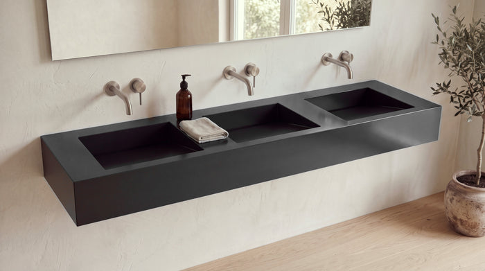 84" ADA Triple Ramp Sink, Wall Mounted in glossy black stone resin, wall mounted in a bright bathroom
