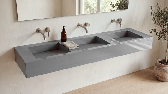 84" ADA Triple Ramp Sink, Wall Mounted in glossy grey stone resin, wall mounted in a bright bathroom