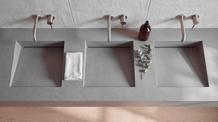 84" ADA Triple Ramp Sink, Wall Mounted, top-down view of the basins and the slot drain along the back
