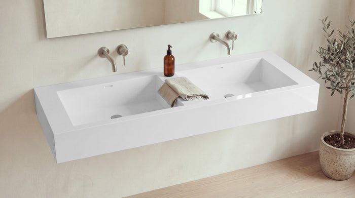 60" Double Trough Sink, Wall Mounted in glossy white stone resin, wall mounted in a bright bathroom
