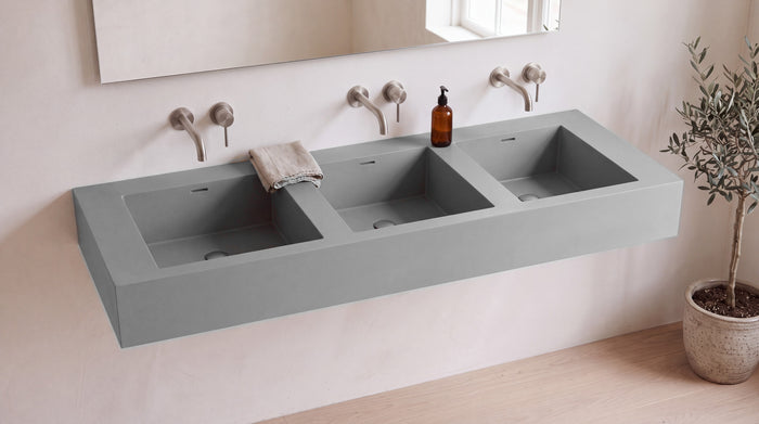 90" Triple Trough Sink, Wall Mounted in matte grey stone resin, wall mounted in a bright bathroom