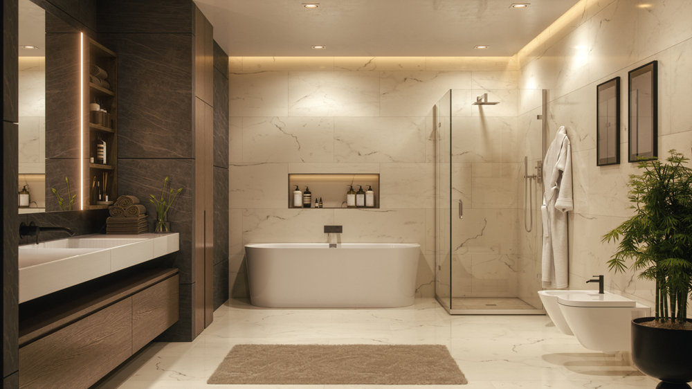 Warm-lit remodeled bathroom with a tub, glass shower and wall niche