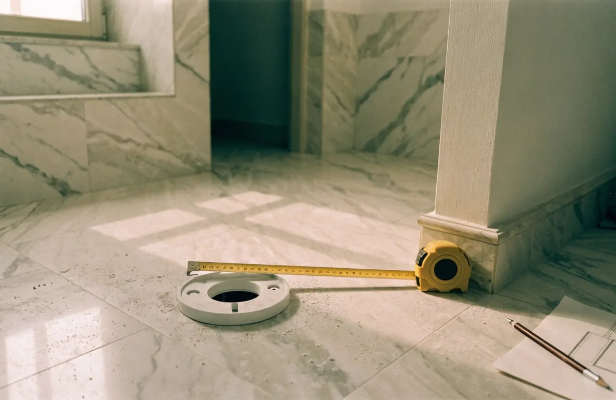 Tape measure running from a bathroom wall to the centre of an exposed closet flange on a tiled floor