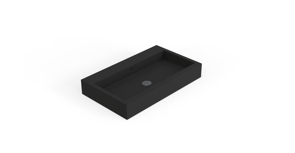 Badeloft WT-06-L matte black wall-mounted sink, angled product view on white background