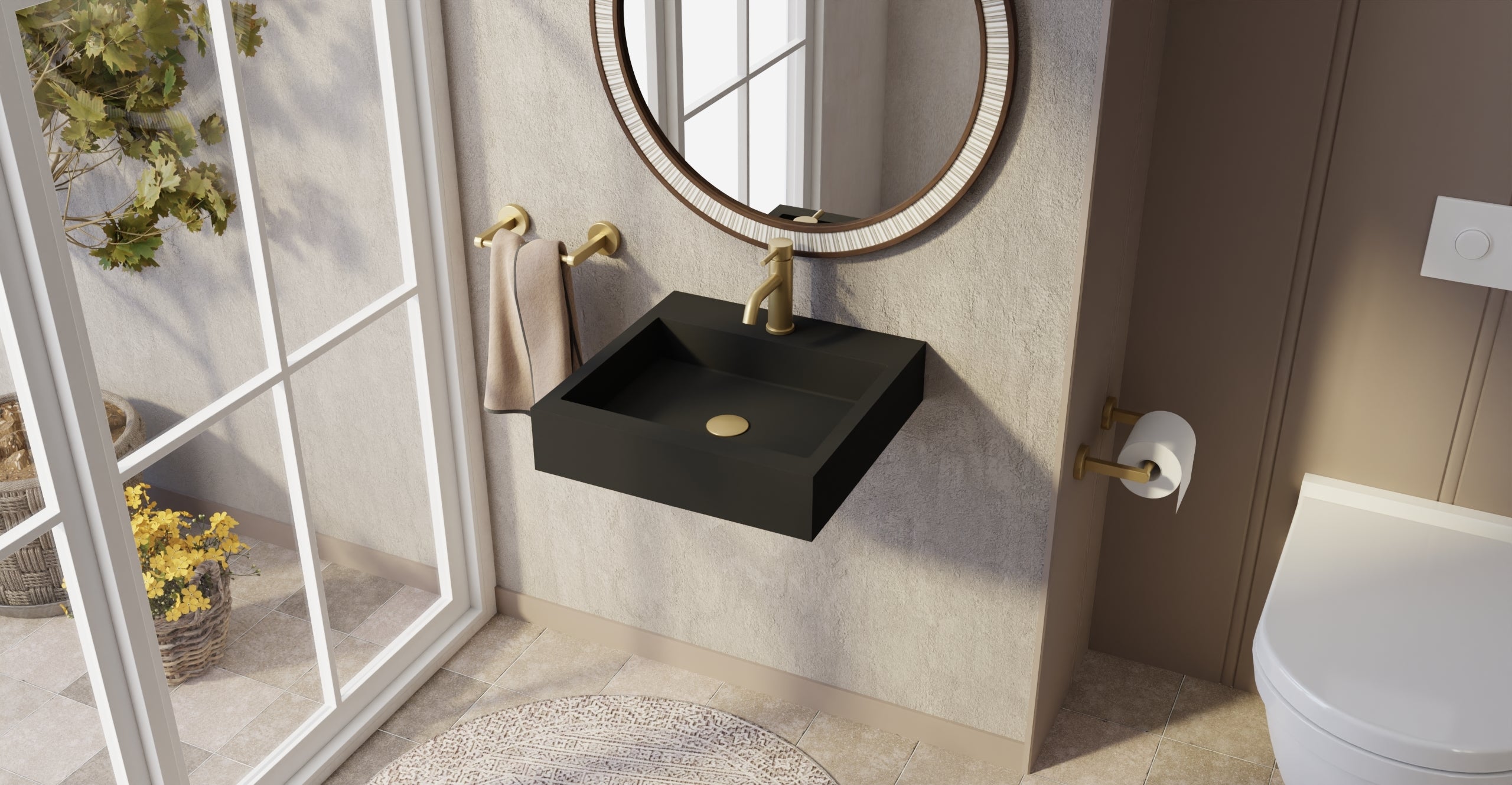 Badeloft WT-06-S matte black wall-mounted sink, wall-mounted bathroom view 1