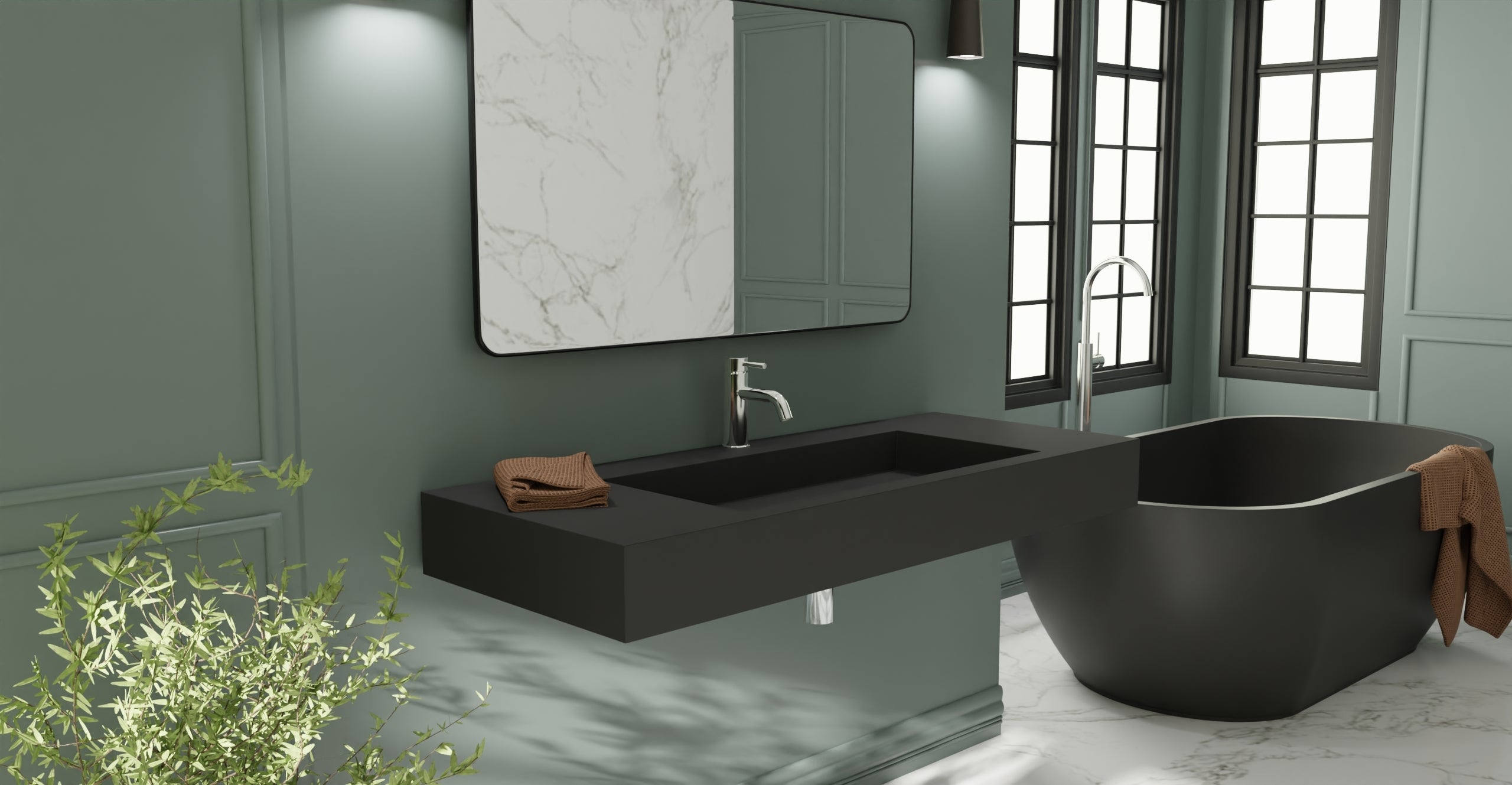 Badeloft WT-03 matte black wall-mounted sink, wall-mounted bathroom view 2