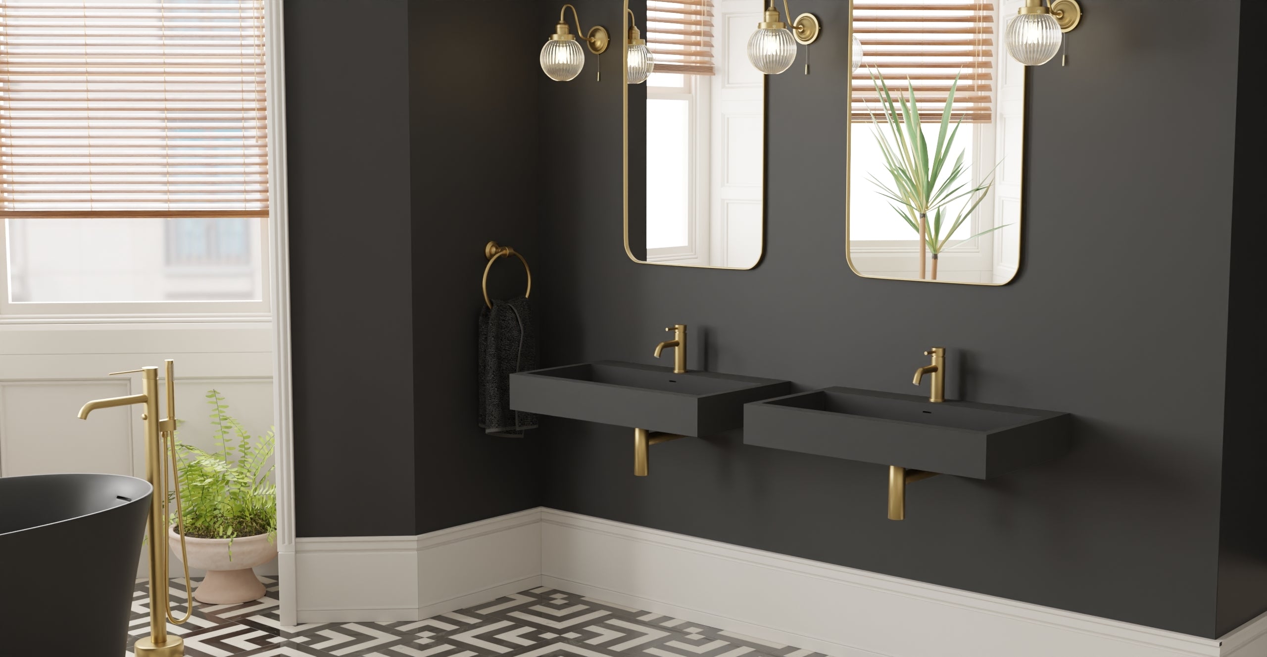 Badeloft WT-06-L matte black wall-mounted sink, wall-mounted bathroom view 2