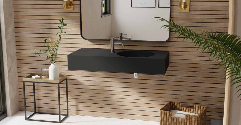 Badeloft WT-02-B matte black wall-mounted sink, bathroom lifestyle view 3