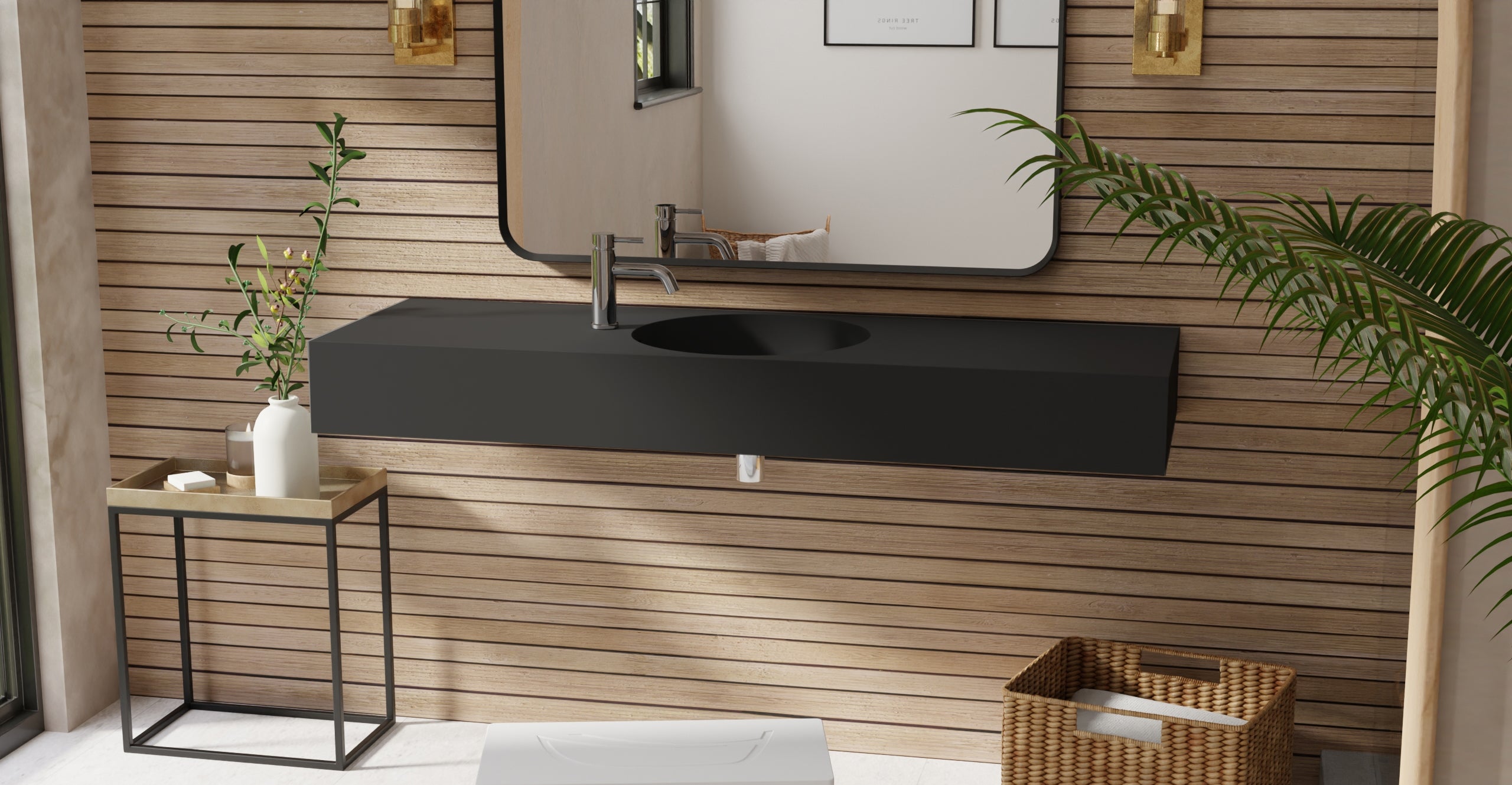 Badeloft WT-02-C matte black wall-mounted sink, bathroom lifestyle view 3