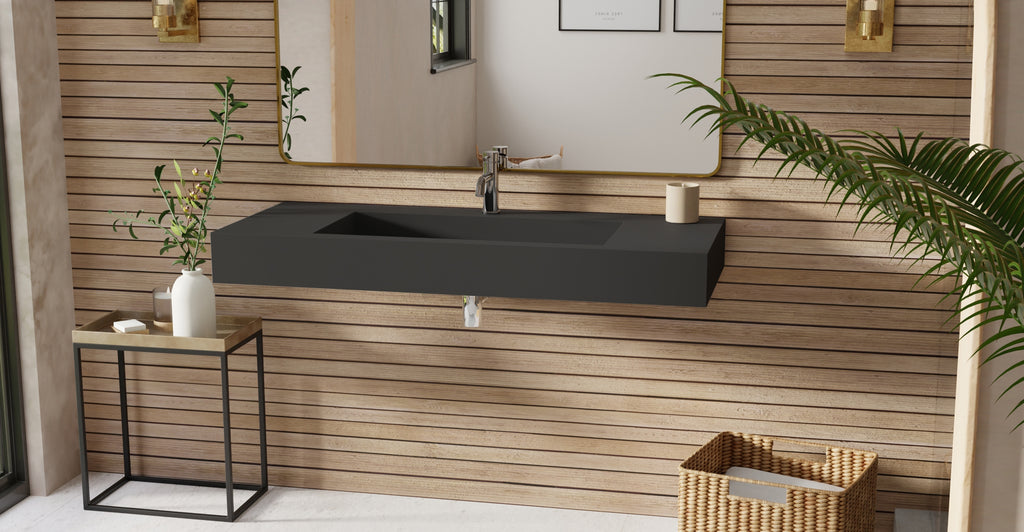 Badeloft WT-03 matte black wall-mounted sink, bathroom lifestyle view 3
