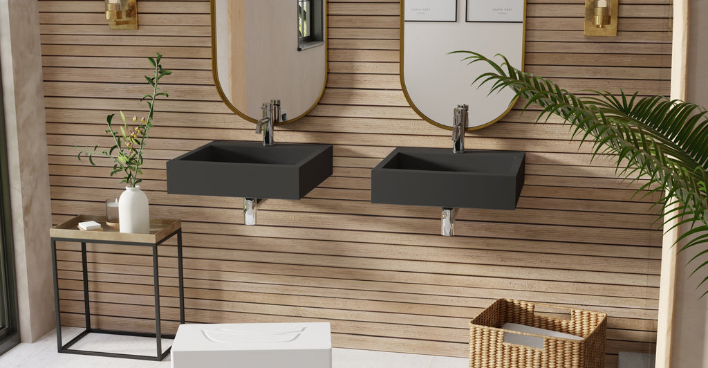 Badeloft WT-06-S matte black wall-mounted sink, bathroom lifestyle view 3
