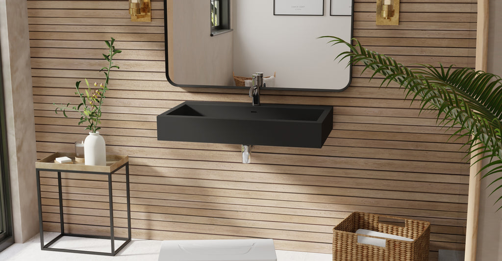 Badeloft WT-06-L matte black wall-mounted sink, bathroom lifestyle view 3