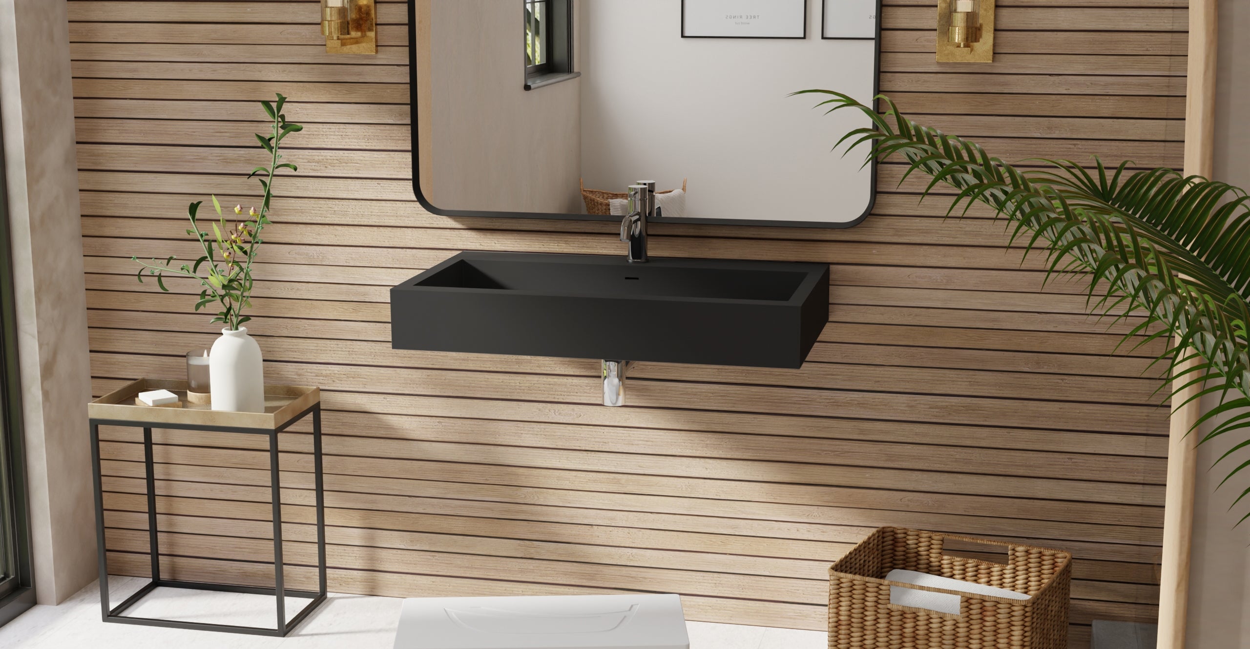 Badeloft WT-06-L matte black wall-mounted sink, bathroom lifestyle view 3