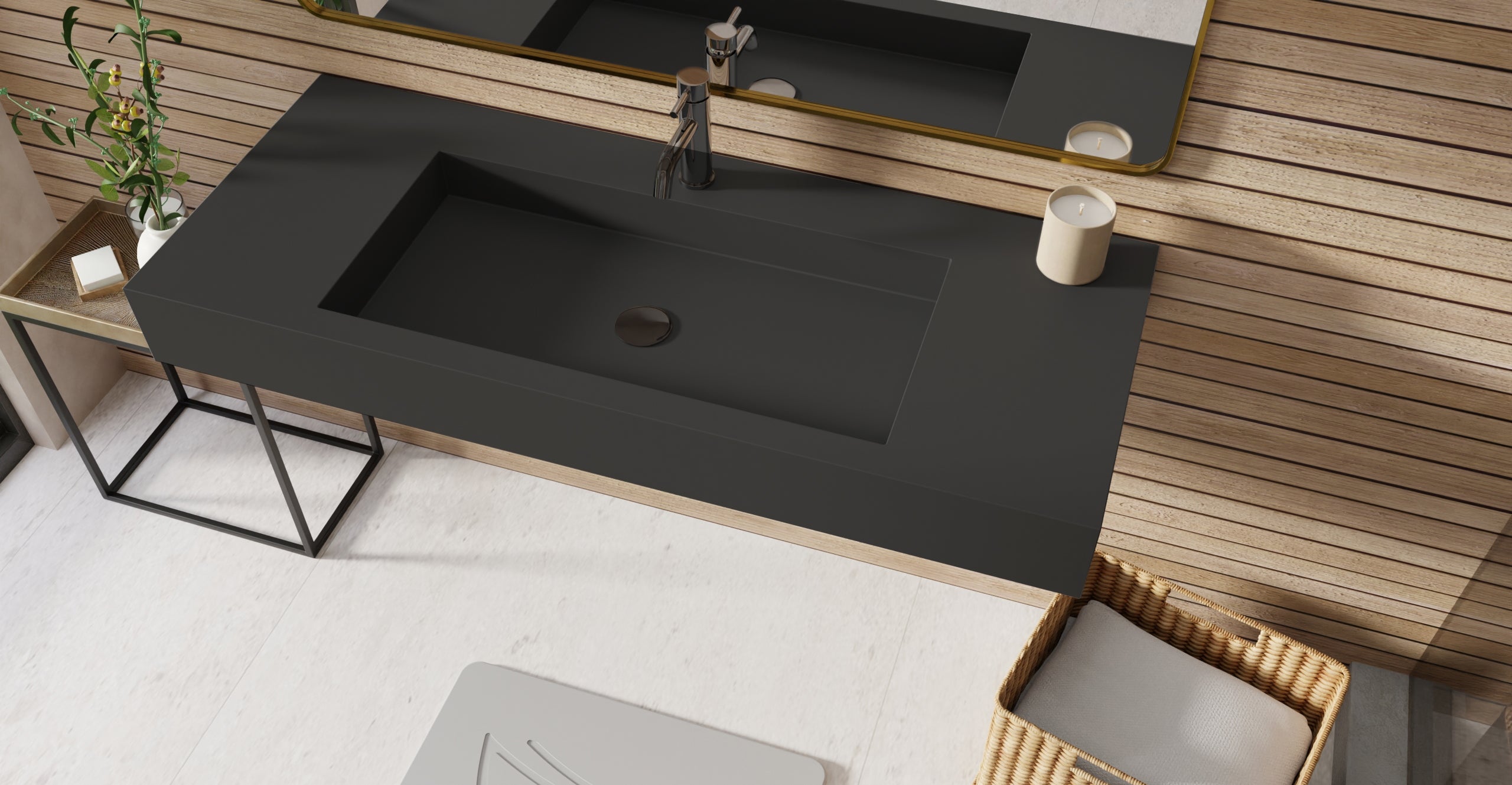 Badeloft WT-03 matte black wall-mounted sink, bathroom lifestyle view 4
