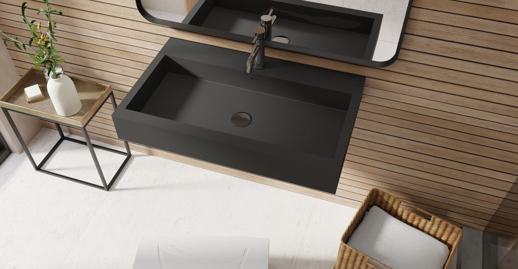 Badeloft WT-06-L matte black wall-mounted sink, bathroom lifestyle view 4