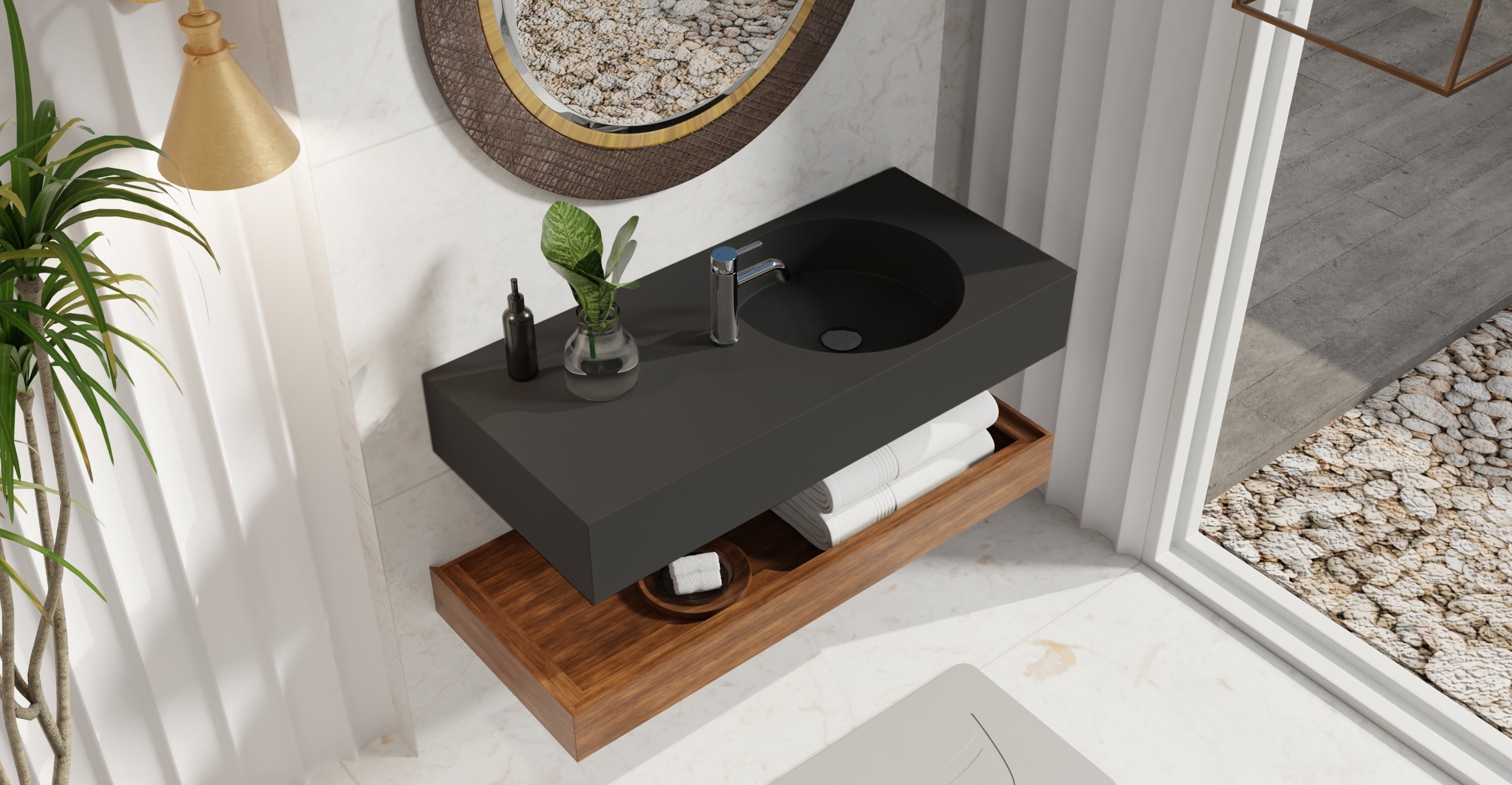Badeloft WT-02-B matte black wall-mounted sink, bathroom lifestyle view 6