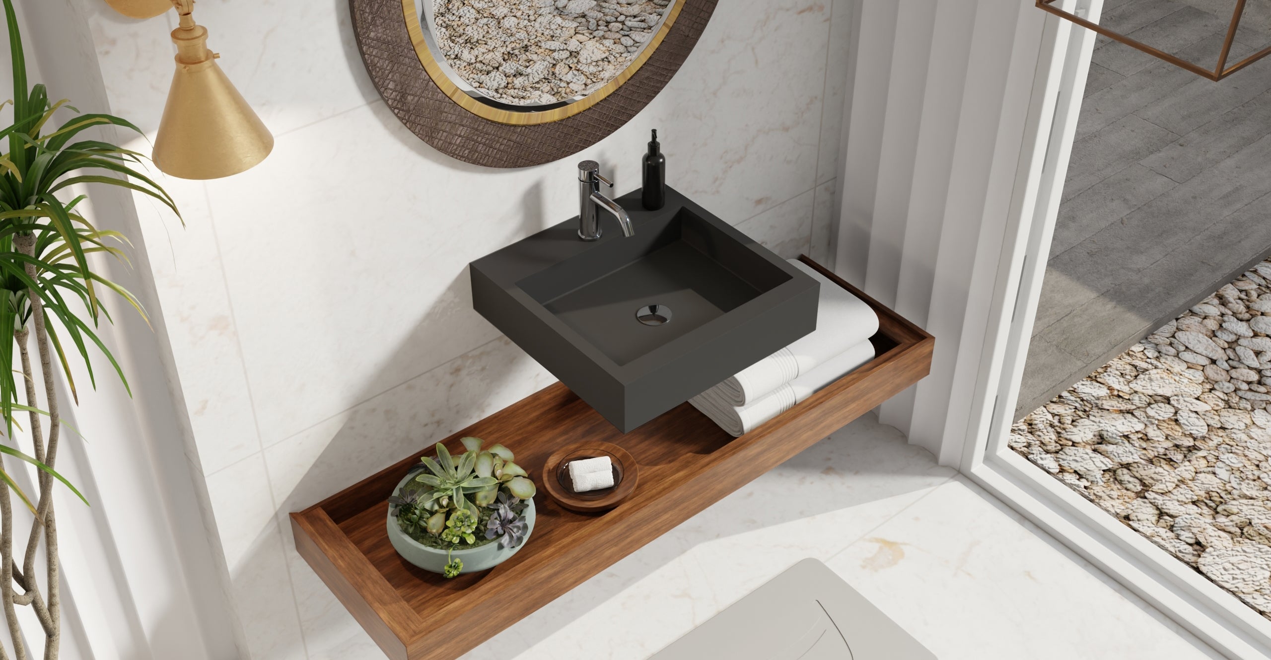 Badeloft WT-06-S matte black wall-mounted sink, bathroom lifestyle view 6
