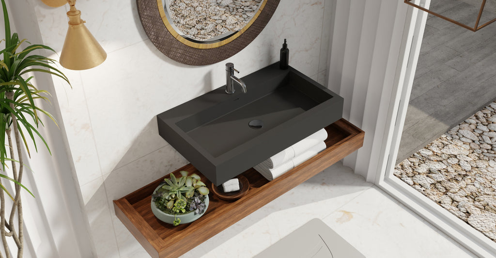 Badeloft WT-06-L matte black wall-mounted sink, bathroom lifestyle view 6