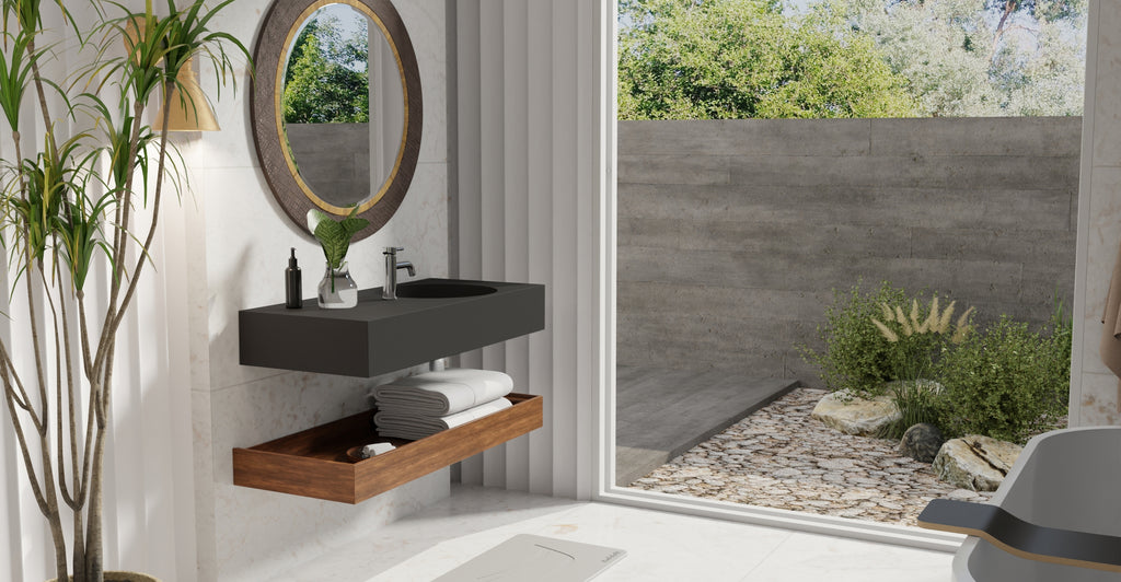 Badeloft WT-02-B matte black wall-mounted sink, bathroom lifestyle view 7