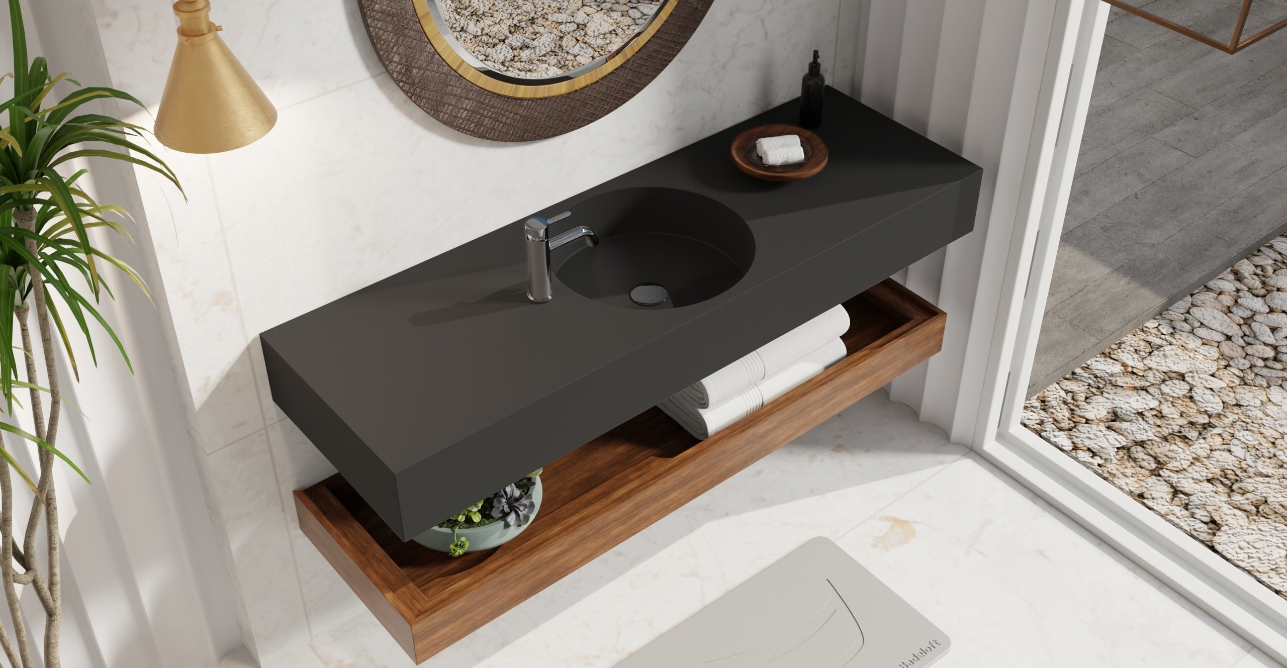 Badeloft WT-02-C matte black wall-mounted sink, bathroom lifestyle view 7