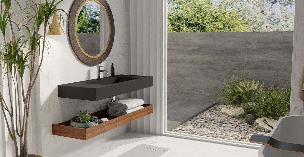 Badeloft WT-03 matte black wall-mounted sink, bathroom lifestyle view 7