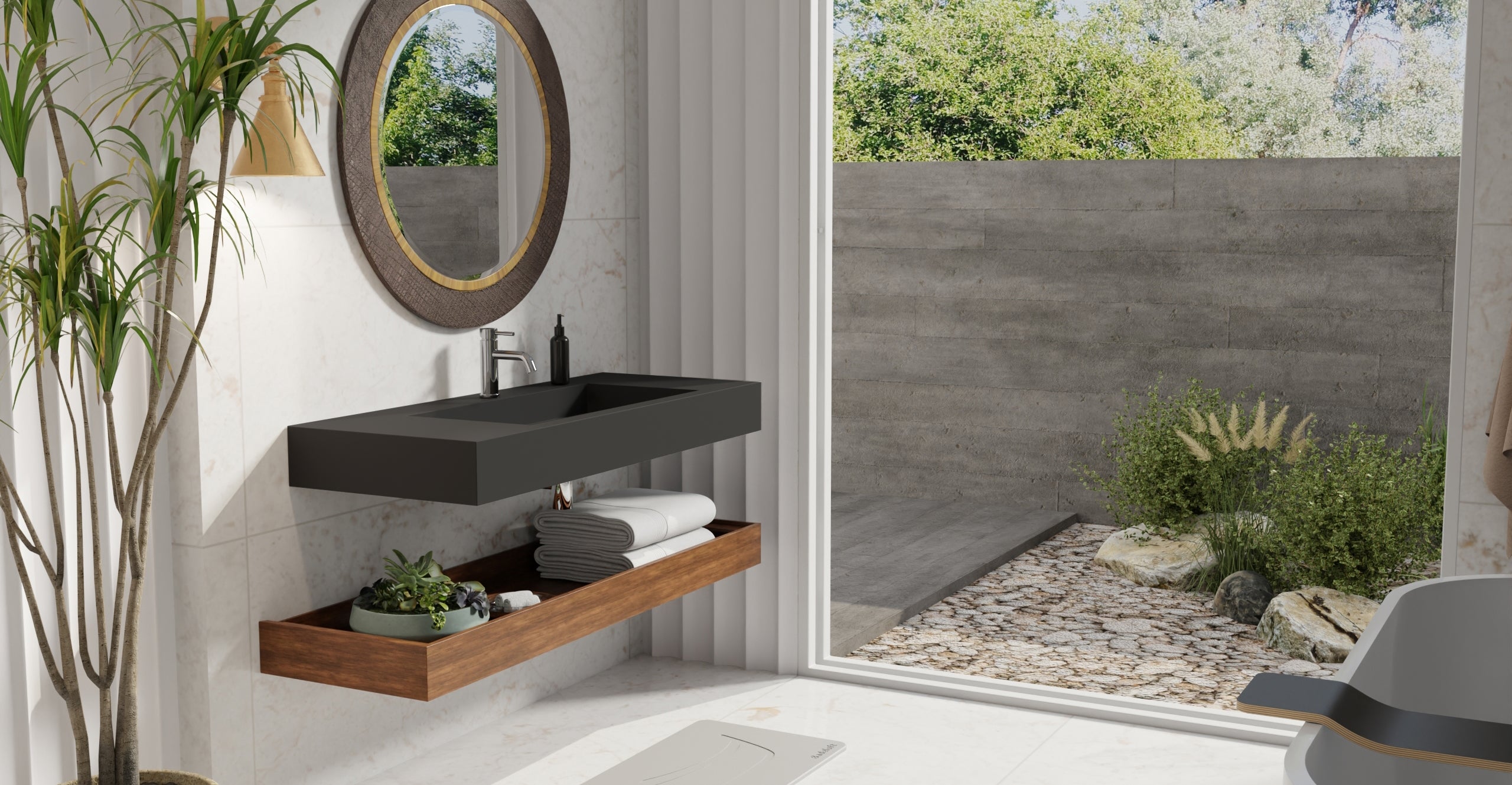 Badeloft WT-03 matte black wall-mounted sink, bathroom lifestyle view 7