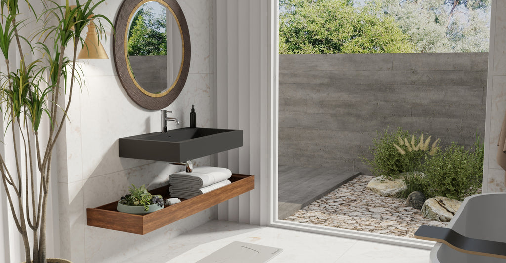 Badeloft WT-06-L matte black wall-mounted sink, bathroom lifestyle view 7