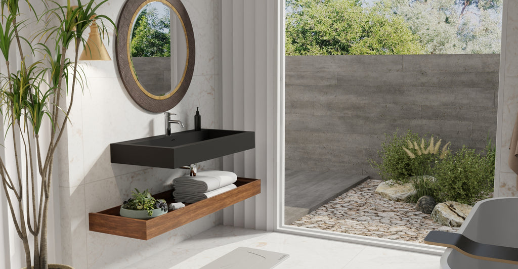 Badeloft WT-06-XL matte black wall-mounted sink, bathroom lifestyle view 7