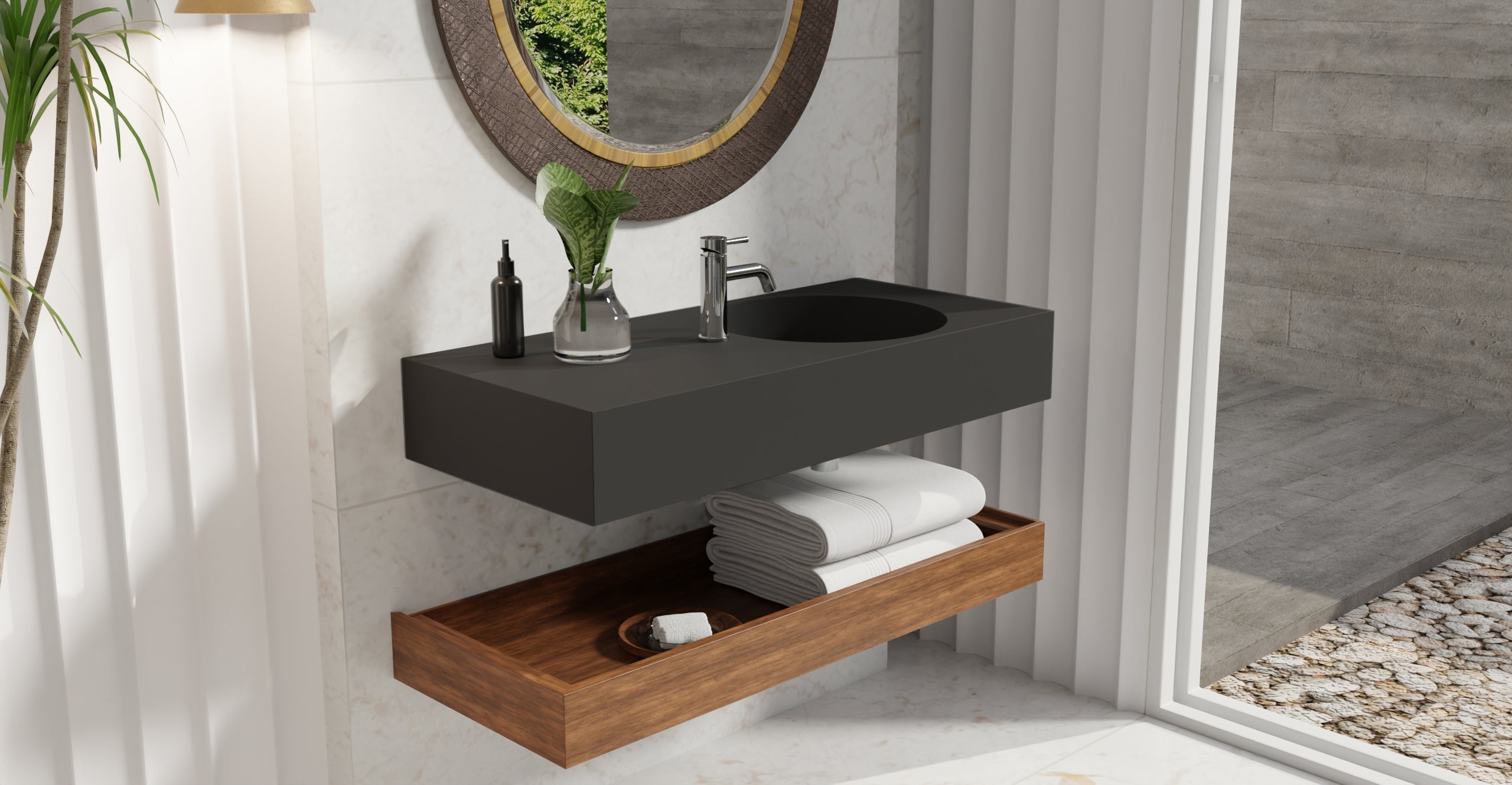 Badeloft WT-02-B matte black wall-mounted sink, bathroom lifestyle view 8