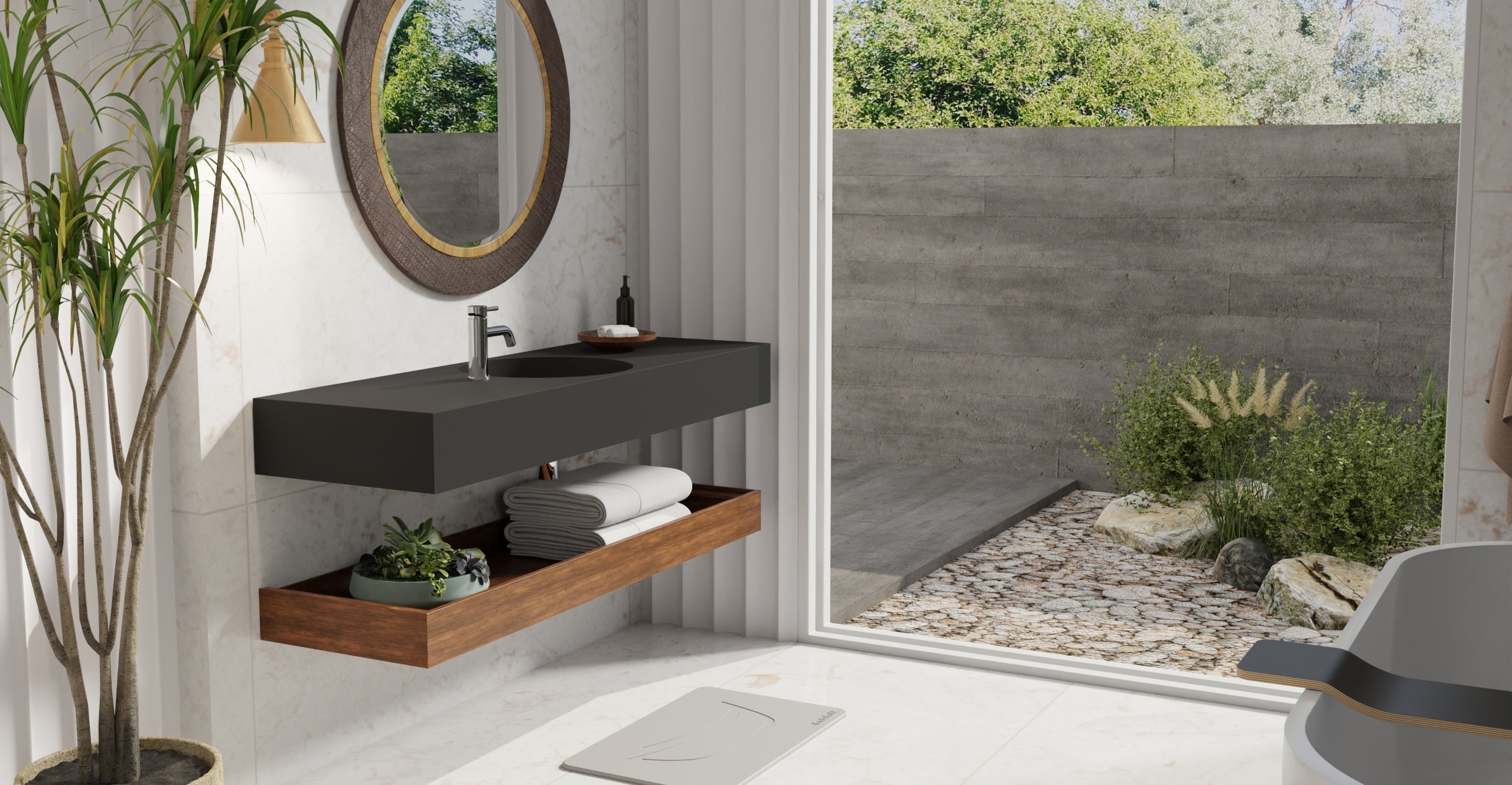 Badeloft WT-02-C matte black wall-mounted sink, bathroom lifestyle view 8