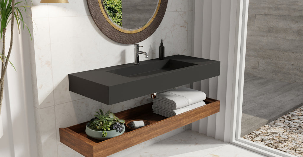 Badeloft WT-03 matte black wall-mounted sink, bathroom lifestyle view 8
