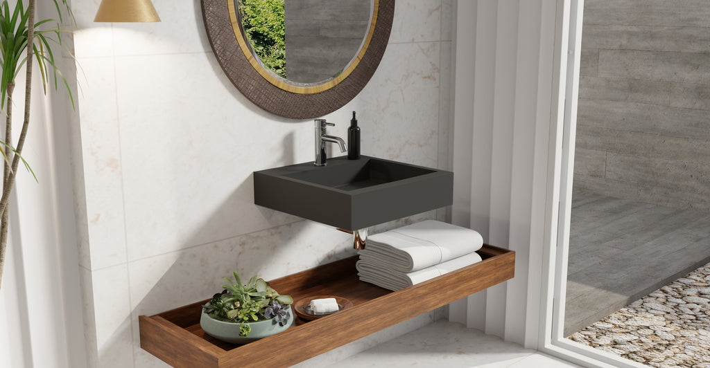 Badeloft WT-06-S matte black wall-mounted sink, bathroom lifestyle view 8