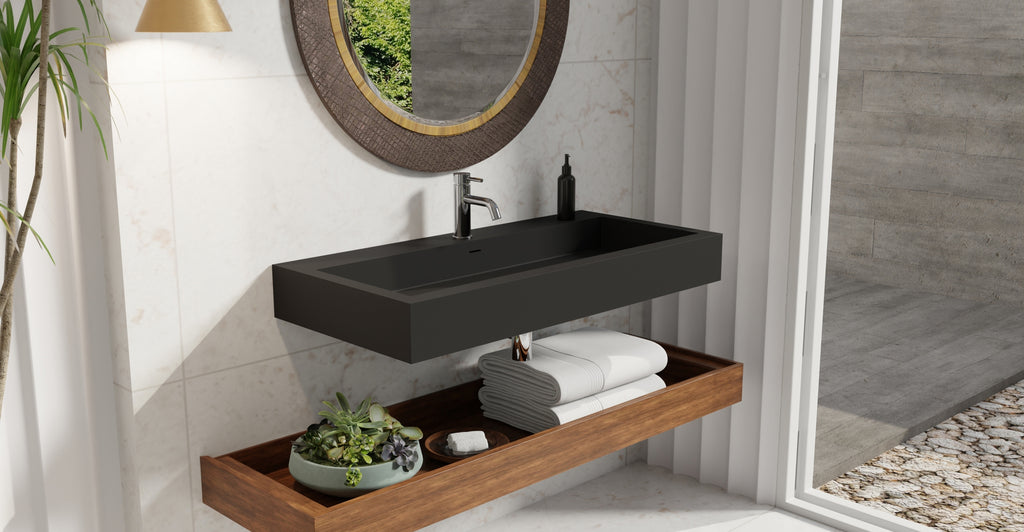 Badeloft WT-06-XL matte black wall-mounted sink, bathroom lifestyle view 8